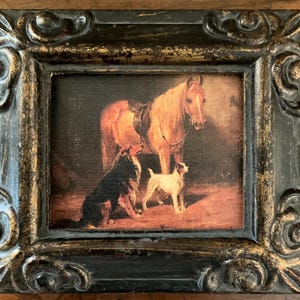 HAND PAINTED MINIATURE on a 2.5”x3” linen paper print bonded to canvas of a horse and his dogs.