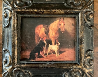 HAND PAINTED MINIATURE on a 2.5”x3” linen paper print bonded to canvas of a horse and his dogs.