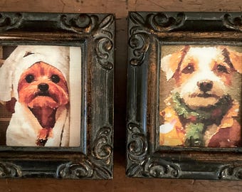 2 HANDPAINTED MINIATURES of dogs on a 2.5”x3” linen paper print ,bonded to canvas,  getting ready for their date/ frames included