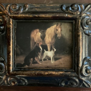 HAND PAINTED MINIATURE on canvas print of horse and his dogs.