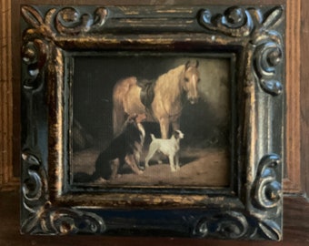 HAND PAINTED MINIATURE on canvas print of horse and his dogs.