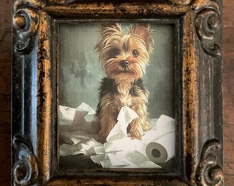 Hand Painted Yorkie Miniature: Linen Paper Print in Antiqued Frame