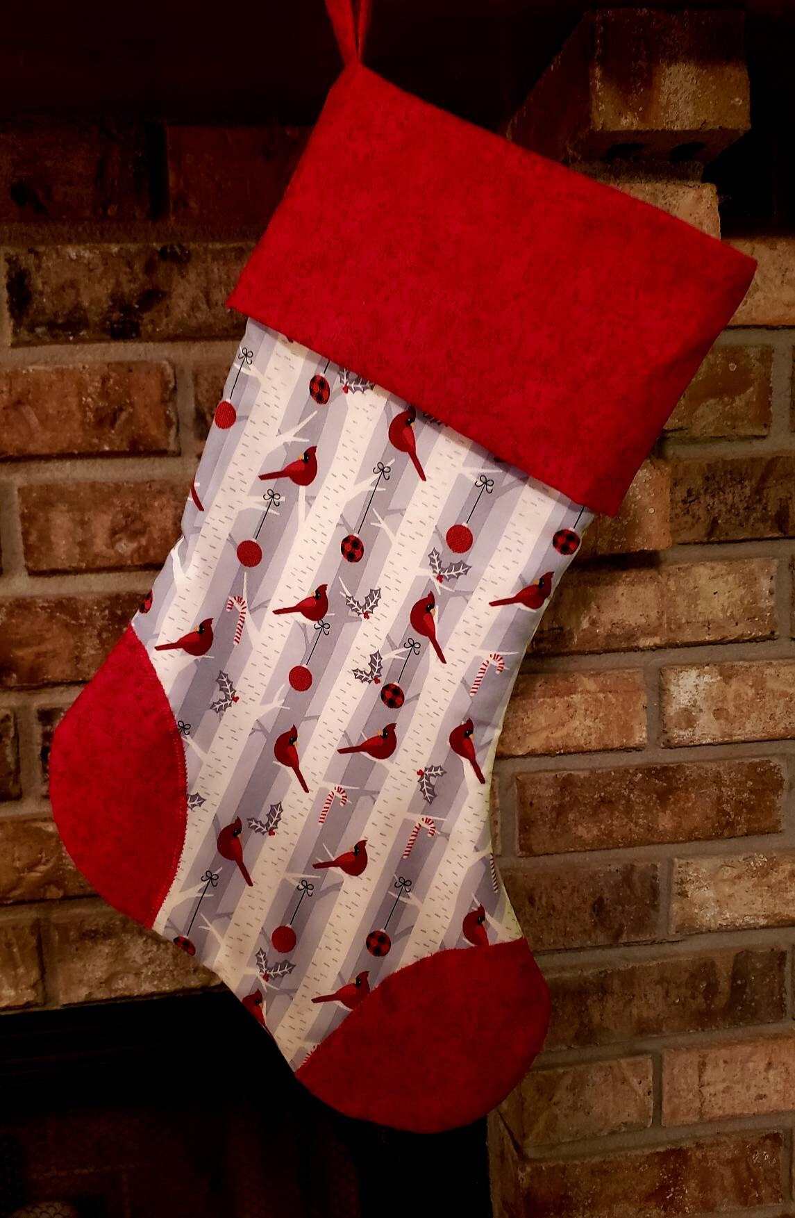 Cardinal bird tree handmade Christmas stocking Etsy