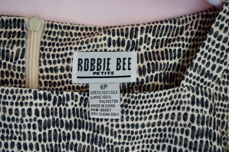90s ROBBIE BEE Silk Snake-Print Mini Dress w Square Neckline sz. 6p