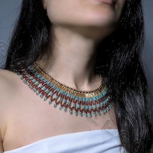 Neith Necklace - Ancient Egyptian Style Collar in Red, Turquoise and Gold - Glass Beaded Necklace - Colors of Ancient Egypt - Handmade