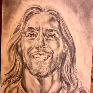 Happy Christ portrait original graphite pencil drawing 8x10 inch on drawing paper unique Christian God art jesus hand drawn
