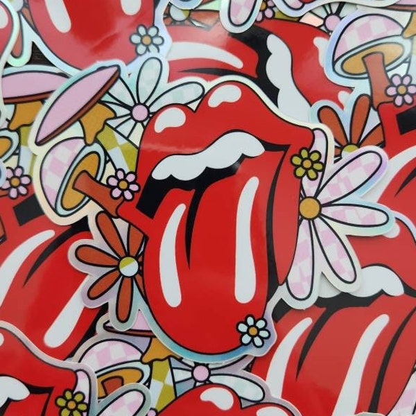 3 in. Rolling Stones Lips and Tongue | Retro Flower Hot Lips | Holographic Border Vinyl Sticker