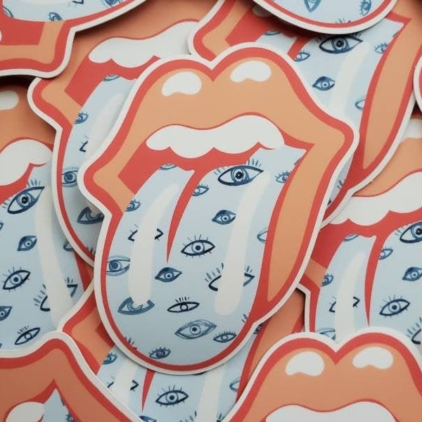 3 in. Rolling Stones Lips and Tongue | Hot Lips | Blue and Coral Evil Eyes Matte Vinyl Sticker