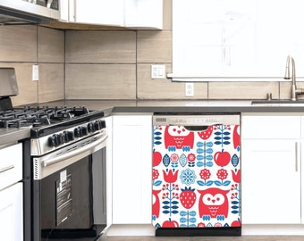 The Scandia Collection - Charming Owl Red & Blue Pattern Magnetic Dishwasher Cover, Easy DIY For a New Look! FREE SHIPPING!