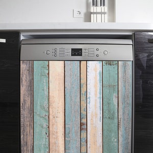 May include: A stainless steel dishwasher with a wood-look panel. The panel has a distressed, weathered look with shades of blue, green, brown, and beige.