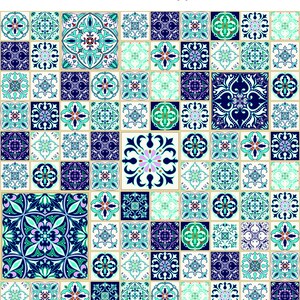 May include: A collection of 64 blue, green, and white patterned ceramic tiles. The tiles are arranged in a grid pattern and feature intricate floral designs. The smallest tiles are approximately 4 inches by 4 inches.
