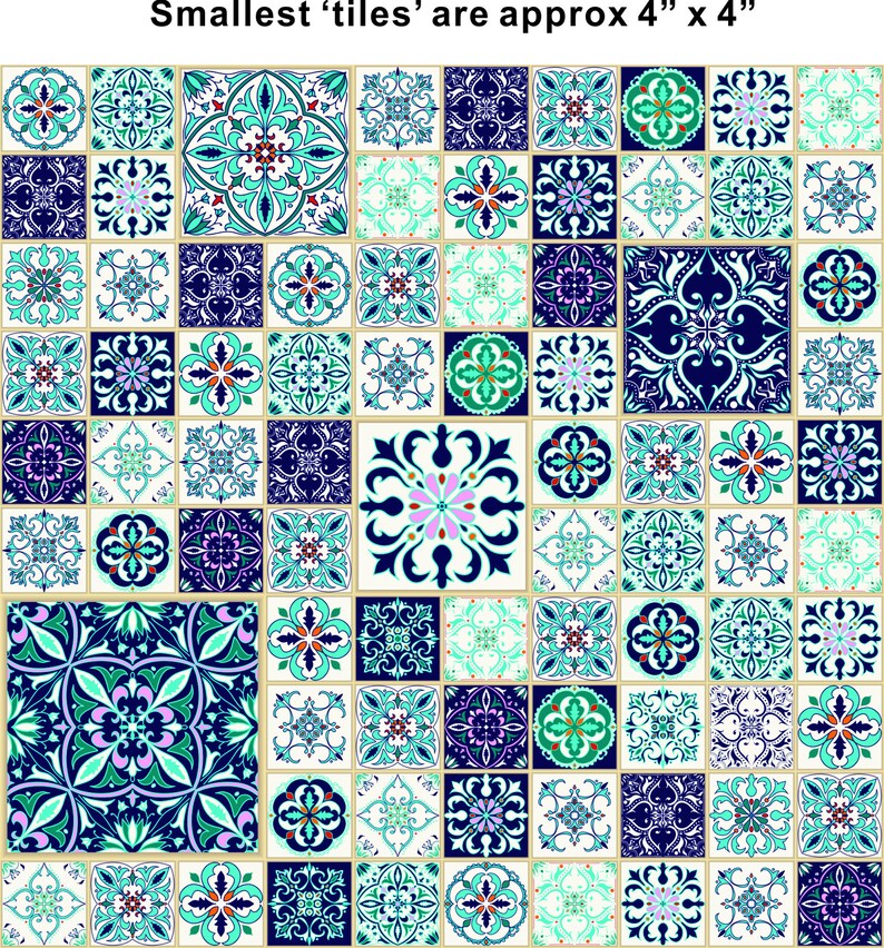 May include: A collection of 64 blue, green, and white patterned ceramic tiles. The tiles are arranged in a grid pattern and feature intricate floral designs. The smallest tiles are approximately 4 inches by 4 inches.