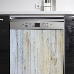 May include: A stainless steel dishwasher with a wood-look panel. The panel has a light blue and beige color scheme with a distressed wood grain pattern.