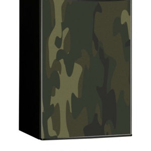 May include: A black mini fridge with a camouflage pattern. The pattern is green, brown, and black. The fridge has a black handle and the brand name "Danby" is printed on the top.