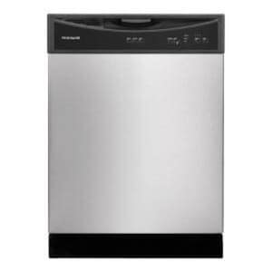 May include: Stainless steel dishwasher with a black control panel and a black base.