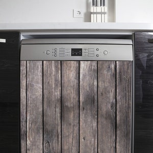 May include: A stainless steel dishwasher with a wood-grain design on the front door. The dishwasher has a digital display and several buttons.
