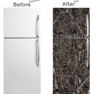 May include: A white refrigerator with a stainless steel handle is shown before and after being covered with a camouflage pattern.