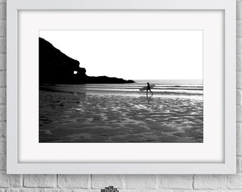 Perranporth Black and White Print, Framed Print, A3 Print, Ocean Print, Coastal Print, A1 Cornwall Beach Print, Surf Print, Surfing Poster