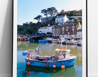 Polperro Harbour Photo Print, Polperro Fishing Boats Print, Travel Print, Cornwall Fishing, A3 Framed Print, Black and White, Cornwall Print