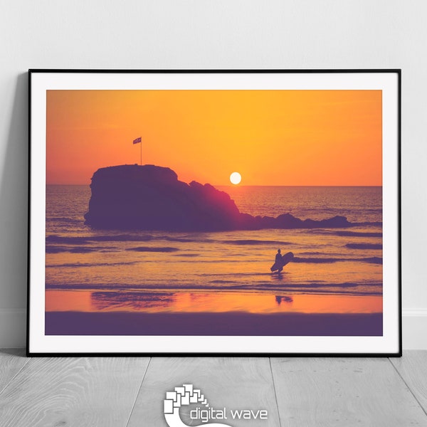 Perranporth Sunset Surfer Print, Cornwall Framed Print, A3 Print, Surf Print, Surfing Poster, Surf Wall Art, Surfing Sunset, Sunset Print