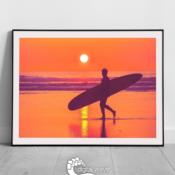 Sunset Surfer Print, Framed Print, A3 Print, Ocean Print, Beach Print, Surf Print, Surfing Poster, Surf Wall Art, Surf Poster, Sunset Print