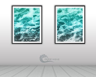 Conjunto de 2 estampas de oceano, estampa de ondas do mar, foto de oceano, estampa de praia, estampa de surf, estampa de mar verde, estampa tropical, padrão de água, textura de água