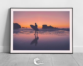Perranporth Sunset Surfer Print, Chapel Rock Sunset, A3 Surf Print, A1 Surfing Poster, Surf Wall Art, Surfing Sunset, Cornwall Beach Print