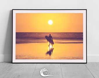 Sunset Surfer Print, Framed Print, A3 Print, Ocean Print, Surf Print, Surfing Poster, Surf Wall Art, Surf Poster, Sunset Print, Cornwall