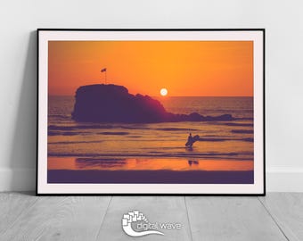 Perranporth Sunset Surfer Print, Cornwall Framed Print, A3 Print, Surf Print, Surfing Poster, Surf Wall Art, Surfing Sunset, Sunset Print