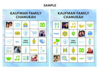 May include: A blue and yellow bingo card with images and text related to Hanukkah. The card has the title "Kaufman Family Chanukah" and includes images of menorahs, dreidels, and other Hanukkah symbols.