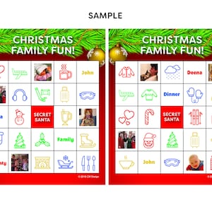May include: A red and white Christmas bingo card with images and text. The card has squares with images of a snowman, a stocking, a fireplace, a Christmas tree, a family, a cup of hot cocoa, a plane, a suitcase, a pair of headphones, a candy cane, a pair of mittens, a thermometer, a pair of ski poles, a gingerbread man, a gift box, a plate with a fork and knife, a cup of coffee, a pair of goggles, a person wearing a Santa hat, and a person wearing a sweater. The card also has squares with the text "Nana", "Secret Santa", "Naughty", "Family", "John", "Dinner", and "Deena".