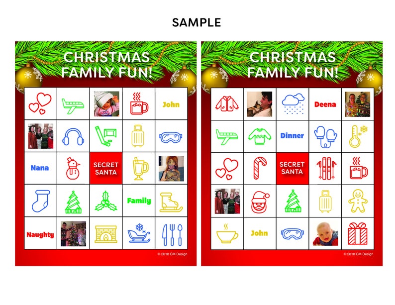 May include: A red and white Christmas bingo card with images and text. The card has squares with images of a snowman, a stocking, a fireplace, a Christmas tree, a family, a cup of hot cocoa, a plane, a suitcase, a pair of headphones, a candy cane, a pair of mittens, a thermometer, a pair of ski poles, a gingerbread man, a gift box, a plate with a fork and knife, a cup of coffee, a pair of goggles, a person wearing a Santa hat, and a person wearing a sweater. The card also has squares with the text "Nana", "Secret Santa", "Naughty", "Family", "John", "Dinner", and "Deena".