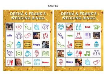 May include: A wedding bingo card with a gold background and a variety of images and text. The card is divided into a 5x5 grid with the words "DEENA & FRANK'S WEDDING BINGO" at the top. Some of the images include a wedding dress, a cupcake, a microphone, a cat, and a pair of champagne flutes.