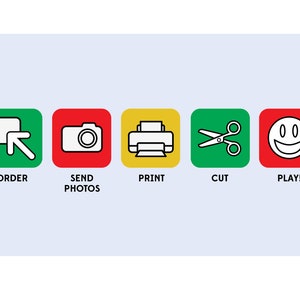 May include: Five colorful square buttons with icons and text. The buttons are green, red, yellow, green, and red. The icons are a left arrow, a camera, a printer, scissors, and a smiley face. The text is "ORDER", "SEND PHOTOS", "PRINT", "CUT", and "PLAY!"