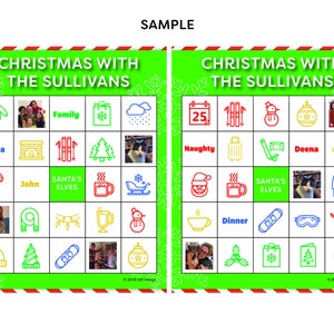 May include: A green and red Christmas bingo card with the title "Christmas with the Sullivans". The card has images of a family, a fireplace, a snowman, a Christmas tree, a candy cane, a stocking, a snowman, a cat, a gingerbread man, a fork and knife, a cup of hot chocolate, a reindeer, a Christmas ornament, a Christmas tree, a snowboard, a Christmas stocking, a Christmas tree, a gift, and a Christmas ornament.
