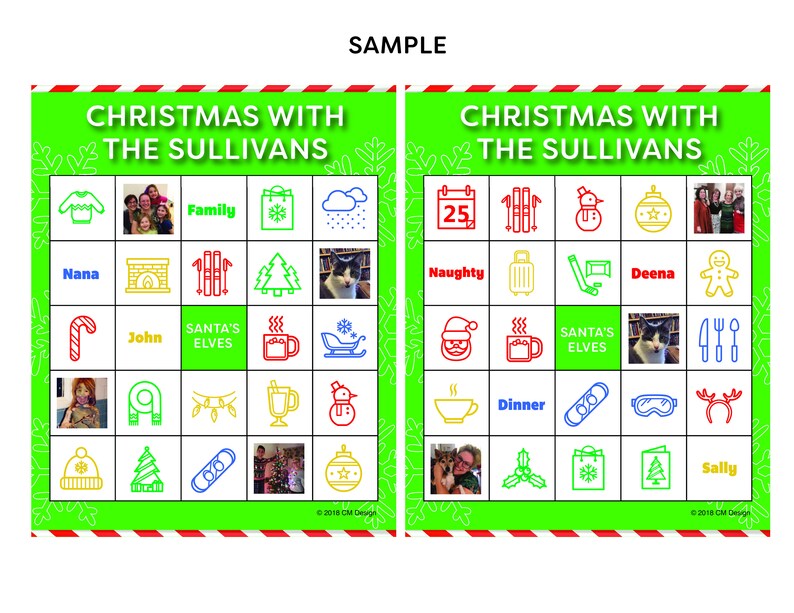 May include: A green and red Christmas bingo card with the title "Christmas with the Sullivans". The card has images of a family, a fireplace, a snowman, a Christmas tree, a candy cane, a stocking, a snowman, a cat, a gingerbread man, a fork and knife, a cup of hot chocolate, a reindeer, a Christmas ornament, a Christmas tree, a snowboard, a Christmas stocking, a Christmas tree, a gift, and a Christmas ornament.