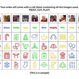 May include: A printable Christmas-themed activity sheet with images of people, holiday objects, and the words "PRINT, CUT, PLAY!" The sheet is divided into a grid with 5 rows and 10 columns. Each square contains a different image or word.