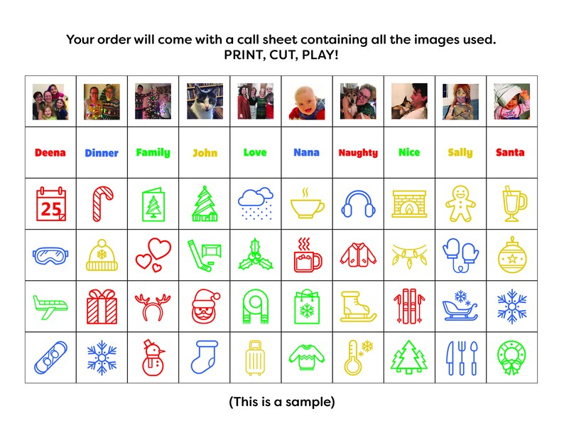 May include: A printable Christmas-themed activity sheet with images of people, holiday objects, and the words "PRINT, CUT, PLAY!" The sheet is divided into a grid with 5 rows and 10 columns. Each square contains a different image or word.
