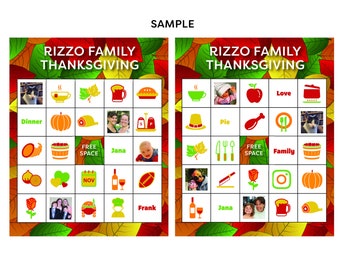 May include: A Thanksgiving bingo card with images and text. The card has a title that says "Rizzo Family Thanksgiving". The images include a cat, a pumpkin, a turkey leg, a plate of food, a pie, a wine glass, a football, a rose, a family photo, and a beer mug.