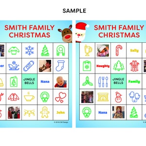 May include: A colorful bingo card with the title "Smith Family Christmas". The card has images of a snowman, a reindeer, a stocking, a cup of hot cocoa, a Christmas tree, a gingerbread man, a snowflake, a gift, a wreath, a sled, a family, a candy cane, a star, a stocking, a fork and knife, a Christmas card, a fireplace, a pair of mittens, and a Santa hat.