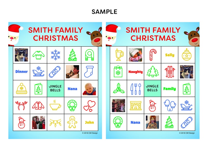 May include: A colorful bingo card with the title "Smith Family Christmas". The card has images of a snowman, a reindeer, a stocking, a cup of hot cocoa, a Christmas tree, a gingerbread man, a snowflake, a gift, a wreath, a sled, a family, a candy cane, a star, a stocking, a fork and knife, a Christmas card, a fireplace, a pair of mittens, and a Santa hat.