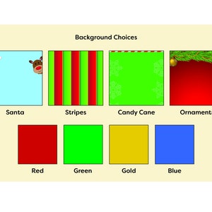 May include: A chart with different background choices for a Christmas design. The choices include Santa, stripes, candy cane, ornaments, red, green, gold, and blue.