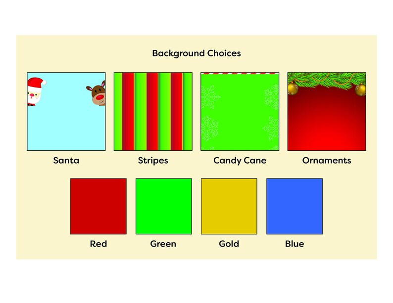 May include: A chart with different background choices for a Christmas design. The choices include Santa, stripes, candy cane, ornaments, red, green, gold, and blue.