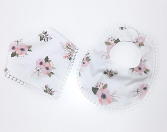 Baby girls bib, Bandana bib, Flowers baby bib, White bibs, Toddler bib, Dribble bibs, Cotton bibs, Baby shower gift, Pompom bib