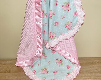 Floral Minky Baby Blanket, Satin Lace Trim, Cotton Newborn Gift