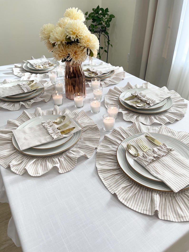 What Is Ruffle Place Beige Ruffled Linen Placemats, Ruffled Placemats, Table Placemat, Round ...