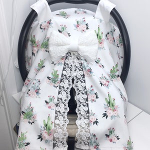 Baby car seat cover, Car seat cover, Car seat accessories, Car seat canopy, Nursing cover, White and pink flowers car seat cover