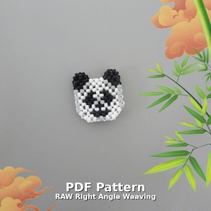May include: A beaded panda face in black, white, and gray. The panda is made with small beads and has a cute, cartoonish design. The text "PDF Pattern RAW Right Angle Weaving" is at the bottom of the image.