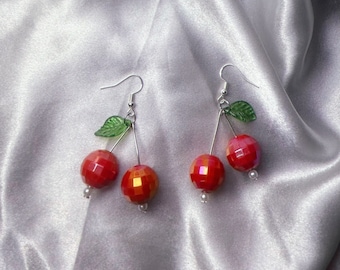 Red Disco Ball Cherry Earrings – Handmade Silver or Gold Plated