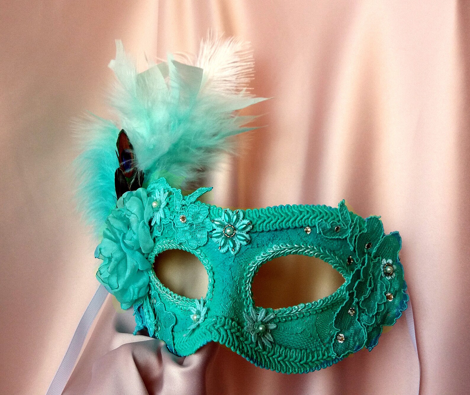 Teal Green Masquerade Mask Womens Mask with Feathers Etsy